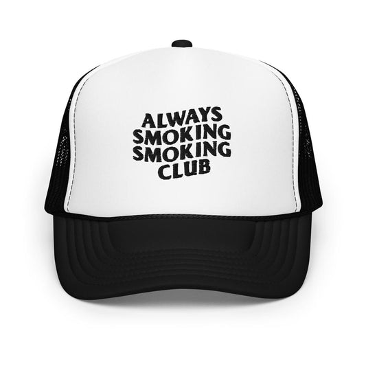 Always Smoking Smoking Club Text Logo Mesh Trucker Hat Black/White